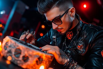 Gothic alchemist admixing dark ingredients in a stone bowl, with candlelight and a haunting atmosphere