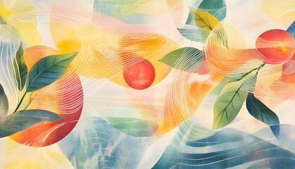 Wall Mural - Abstract Artwork with Curved Lines, Circles, and Leaves