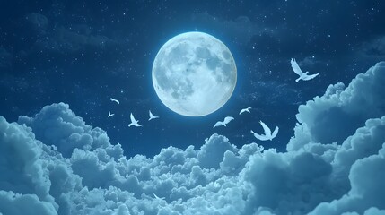 Wall Mural - Majestic full moon illuminates ethereal clouds and soaring birds in a dreamy night sky scene