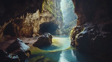 Wall Mural - Explore the mystical beauty of hidden caves and serene waters in nature's embrace
