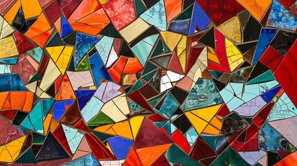 Wall Mural - Colorful mosaic art piece, made with small tiles of various shapes and sizes. The mosaic features a vibrant array of colors, creating an abstract and visually stimulating design.