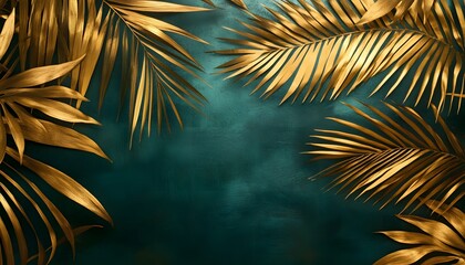 Wall Mural - Golden Palm Leaves on a Teal Background