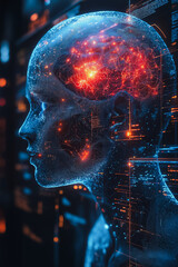 Wall Mural - a woman's head is shown in a computer screen with a red glowing brain. concept of technology and art