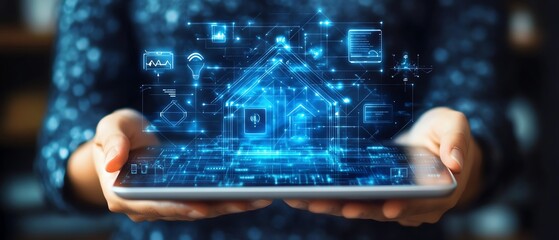 Poster - A person holding a digital tablet with an artificial screen displaying a comprehensive online home automation system for smart energy control