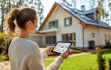 Leinwandbilder - A person gripping a tablet with an artificial screen showing a smart energy controller for efficient home management and automation
