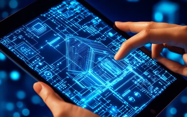Leinwandbilder - A person gripping a tablet with an artificial screen showing a smart energy controller for efficient home management and automation