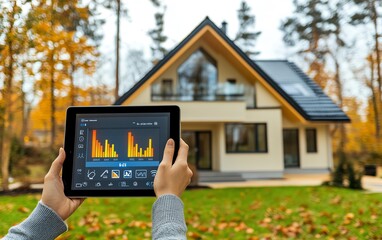 Leinwandbilder - A person gripping a tablet with an artificial screen showing a smart energy controller for efficient home management and automation