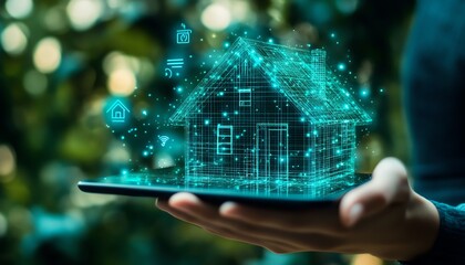 Aufkleber - A person holding a digital tablet with a futuristic home automation system on screen, showing smart energy control and remote home management features
