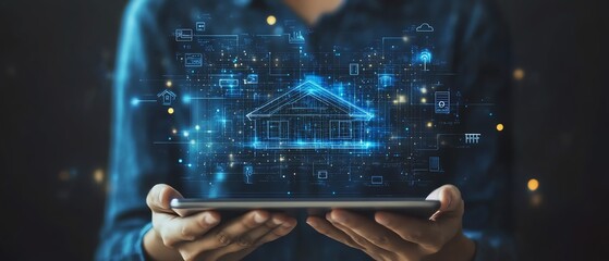 Aufkleber - A person holding a digital tablet with an artificial screen displaying a comprehensive online home automation system for smart energy control