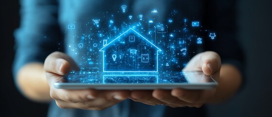 Poster - A person holding a digital tablet with an artificial screen displaying a comprehensive online home automation system for smart energy control