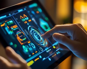 Aufkleber - Closeup of hands interacting with a digital tablet, showing an artificial interface for remote home control and smart energy management