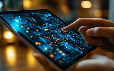 Poster - Closeup view of a tablet in hand, featuring an online home automation system with artificial energy controls for remote home management