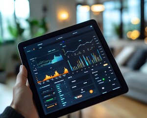 Leinwandbilder - Digital tablet in hand, showing an advanced energy management dashboard for remote home control, with clean and modern interface design