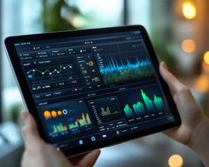 Leinwandbilder - Digital tablet in hand, showing an advanced energy management dashboard for remote home control, with clean and modern interface design