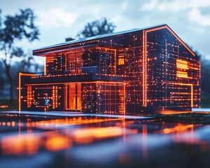 Aufkleber - Futuristic smart home integrated with IoT, connected devices controlling energy, security, and environment, glowing lines and sleek interfaces, hightech digital networks