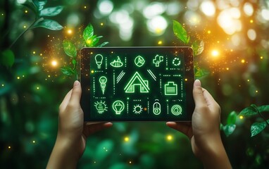 Aufkleber - Hands holding a digital tablet displaying a smart energy control system, with icons for home automation features and energy efficiency settings