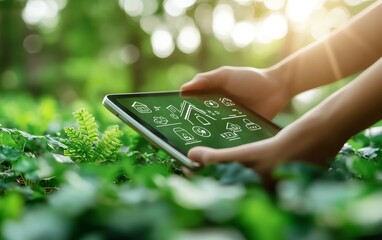 Aufkleber - Hands holding a digital tablet displaying a smart energy control system, with icons for home automation features and energy efficiency settings
