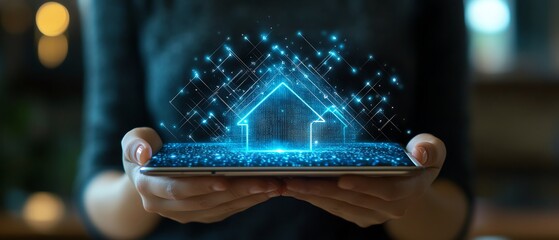 Leinwandbilder - Hands holding a tablet with a virtual smart home controller on screen, allowing remote management of energy use and home automation systems