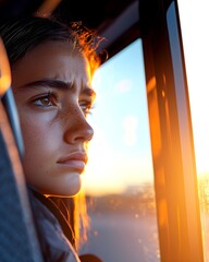 Wall Mural - Contemplative girl gazing out of a bus window at sunset