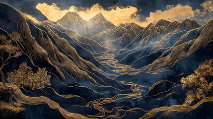 Wall Mural - Abstract Landscape with Golden Mountains and River