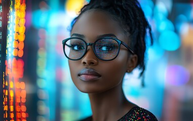 Leinwandbilder - A woman with glasses in an information technology setting, analyzing complex data through a holographic coding system, focused on programming