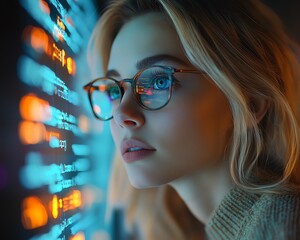 Leinwandbilder - A woman with glasses working in information technology, analyzing a holographic coding system and reading computer scripts in a futuristic data analytics environment