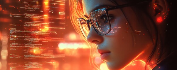 Leinwandbilder - Techsavvy woman with glasses, working in data analytics, interacting with a holographic coding system while reading through detailed computer scripts