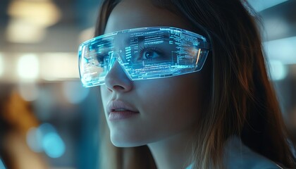 Leinwandbilder - A female information technology worker with glasses, programming and navigating through a futuristic holographic coding system in a modern office