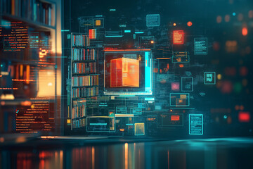 Wall Mural - concept of an e library with virtual icons computer