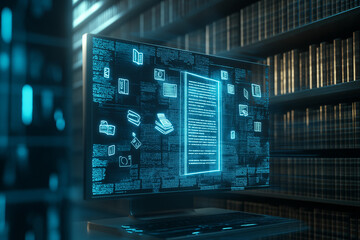 Wall Mural - concept of an e library with virtual icons computer