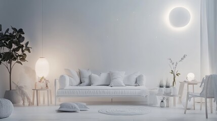 a celestial stargazer's retreat-inspired living room design boasting a white canvas backdrop, furnis