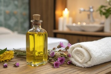 Wall Mural - A tranquil spa environment featuring a bottle of essential oil beside a rolled towel and fresh flowers. The background showcases candles and a softly lit area, enhancing the soothing atmosphere ideal 