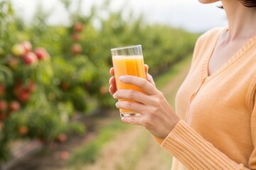 a woman in a light orange sweater holds a glass of fresh juice while standing among apple trees in a