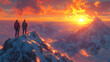 © NE97 - Two climbers celebrating their achievement on a snowy mountain peak at sunset, perfect for adventure travel marketing, outdoor sports events, and motivational campaigns.