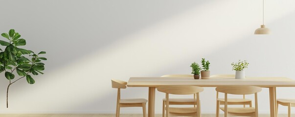 Wall Mural - Natural wood dining set in a Scandi-style room, bright daylight, white walls, simple decor, small plants, airy and inviting scene with light wood tones