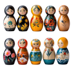 A collection of wooden dolls with flowers painted on them. The dolls are arranged in a row, with some of them being taller than others. Scene is one of warmth and nostalgia