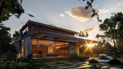 Wall Mural - Modern house with a stunning sunset view, showcasing a contemporary design with large windows and a spacious garden.