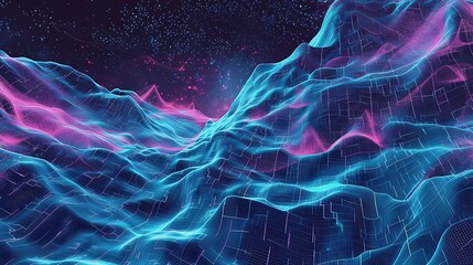 Wall Mural - A vibrant, digital landscape with flowing waves of blue and pink, evoking a futuristic and abstract atmosphere.