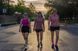 Three young women walking on a city street during sunset