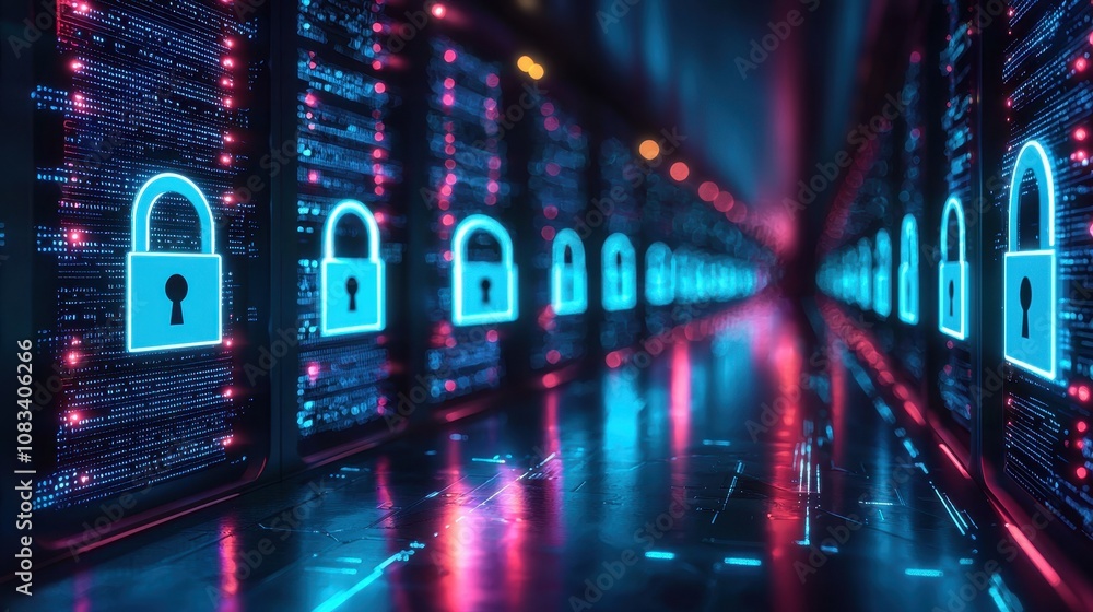 Futuristic Data Center with Secure Server Racks Featuring Digital Lock ...