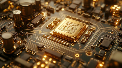 Wall Mural - golden circuit board 3d illustration