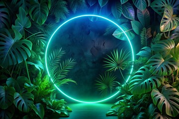 Green and Blue circle Neon Light with Tropical Leaves
