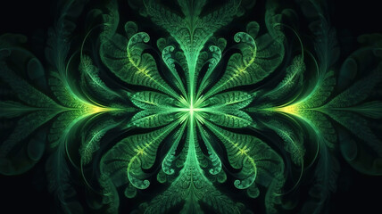 Wall Mural - fantastic green symmetrical fractal design looped animation on black