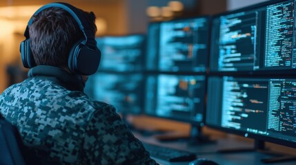 Focused male programmer in camouflage military attire working on computer programming tasks, surrounded by multiple monitors displaying complex code in a tech-driven environment