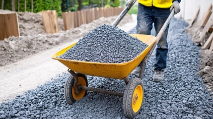 Canvas Print - A worker transports gravel in a wheelbarrow along a pathway, highlighting construction and landscaping activities.