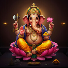 Wall Mural - Lord Ganesha, the remover of obstacles, seated gracefully on a lotus, holding symbolic items in his hands, radiating wisdom and prosperity in divine splendor