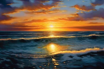 Wall Mural - sunrise over calm ocean horizon the sun begins to peek over the