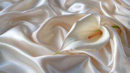 Wall Mural - Elegant White Calla Lily Blossoming on Soft Satin Fabric Creating an Ethereal and Serene Atmosphere Perfect for Artistic and Floral Compositions