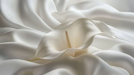 Wall Mural - Delicate White Calla Lily on Luxurious Satin Fabric, Blending Elegance and Nature in a Soft, Ethereal Setting with Gentle Curves and Subtle Textures