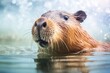 © สุพัฒตรา แสนพลี - A capybara swimming gracefully in a calm pond, with its head above water and ripples radiating around it. The serene expression on its face conveys a sense of tranquility and enjoyment